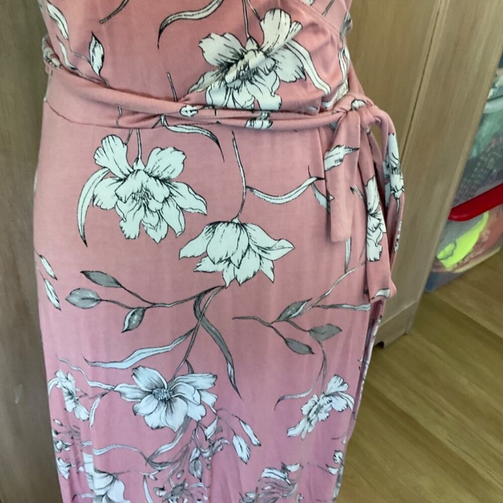MATTY M Blush Pink faux wrap Dress Short Sleeve Jersey floral Cottagecore  L - Picture 7 of 14